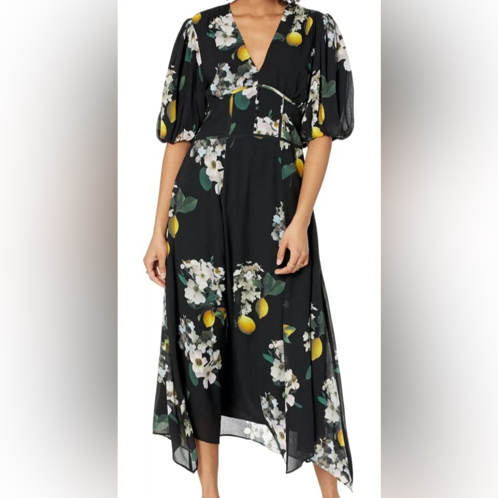 All Saints Black Floral Asymmetrical Dress with Yellow Accents - Picture 3 of 7